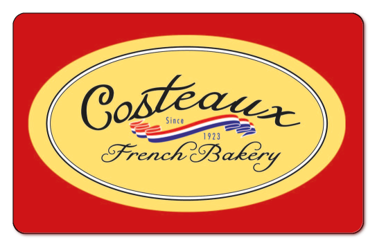 costeaux gold oval logo on a red background with white border